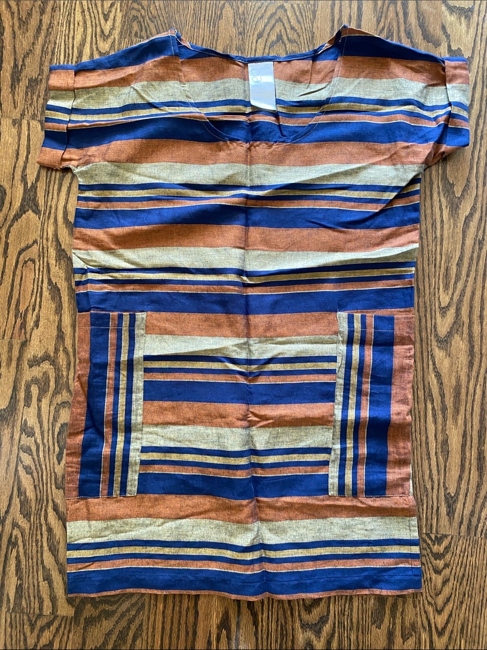 Meg Shop Striped V-Neck Tunic in Blue, Rust & Cream